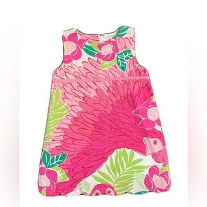 Lily Pulitzer 4t white label shift dress. Pink parrot with palm trees print